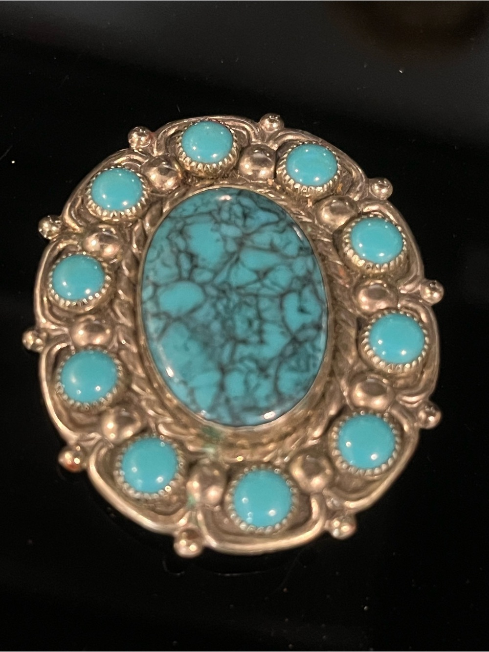 Faux Turquoise Stone Silver-Tone Statement Brooch - Blue